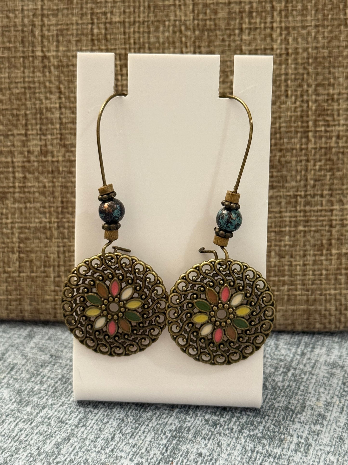 Boho Floral Medallion Earrings – Bronze Filigree Festival Jewelry – Colorful Statement Dangle Earrings