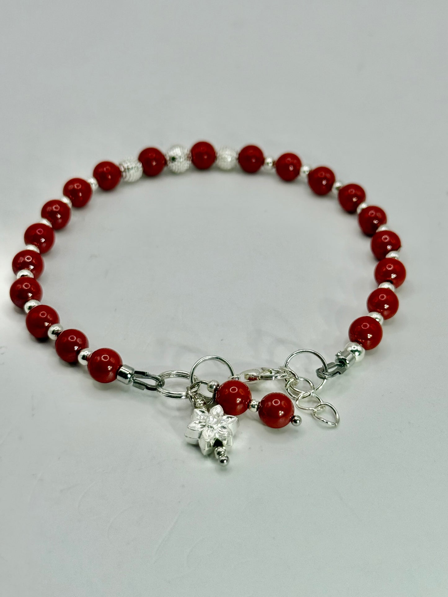 Cinnabar Crystal Bracelet with Silver Accents – 7.75” Red Beaded Jewelry, Adjustable Clasp Bracelet, Handmade Gift for Her