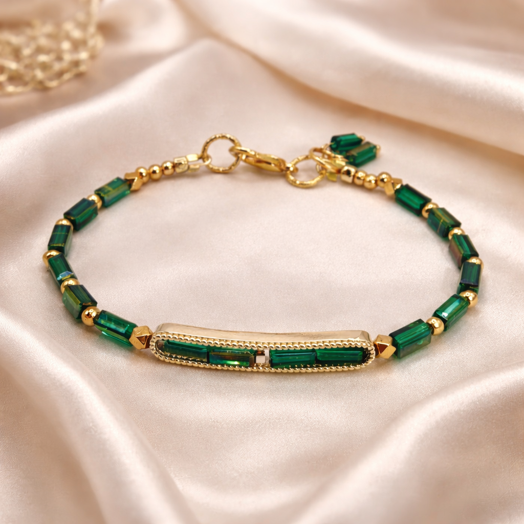 Emerald Green Glass Bracelet 7.5"• Handmade Gold Bar Bracelet • Minimalist Statement Jewelry