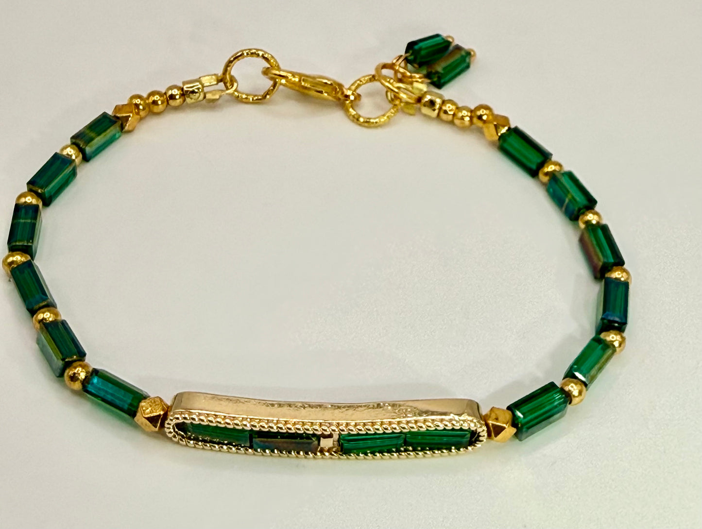 Emerald Green Glass Bracelet 7.5"• Handmade Gold Bar Bracelet • Minimalist Statement Jewelry