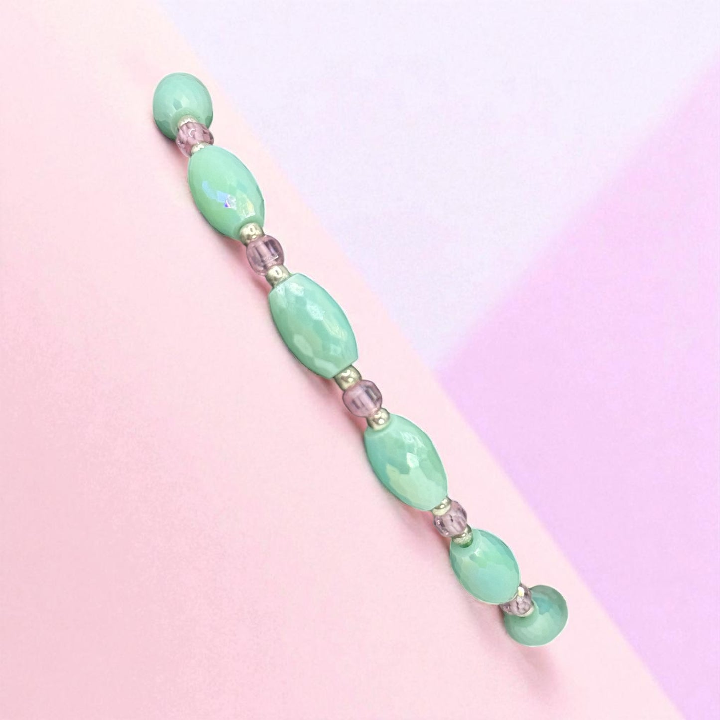 Handmade Seafoam Green & Pink Beaded Bracelet – 8” Faceted Glass Beads with Silver Clasp – Women’s Jewelry Gift