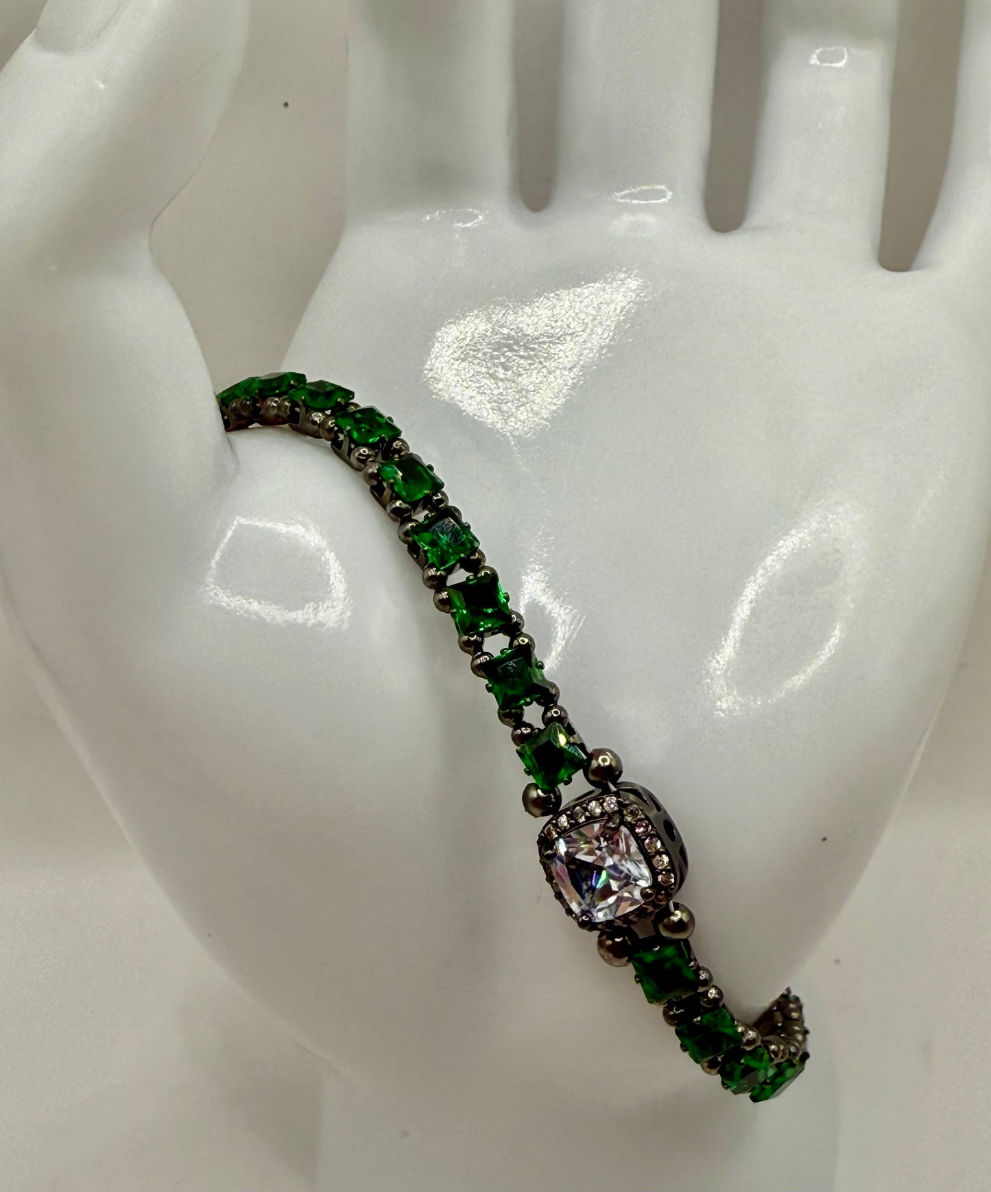Green Sparkle Statement Bracelet | 8” Green Rhinestone Tennis Bracelet with Radiant Focal | Formal Jewelry | Holiday  Party & Everyday Glam | Gift for Her