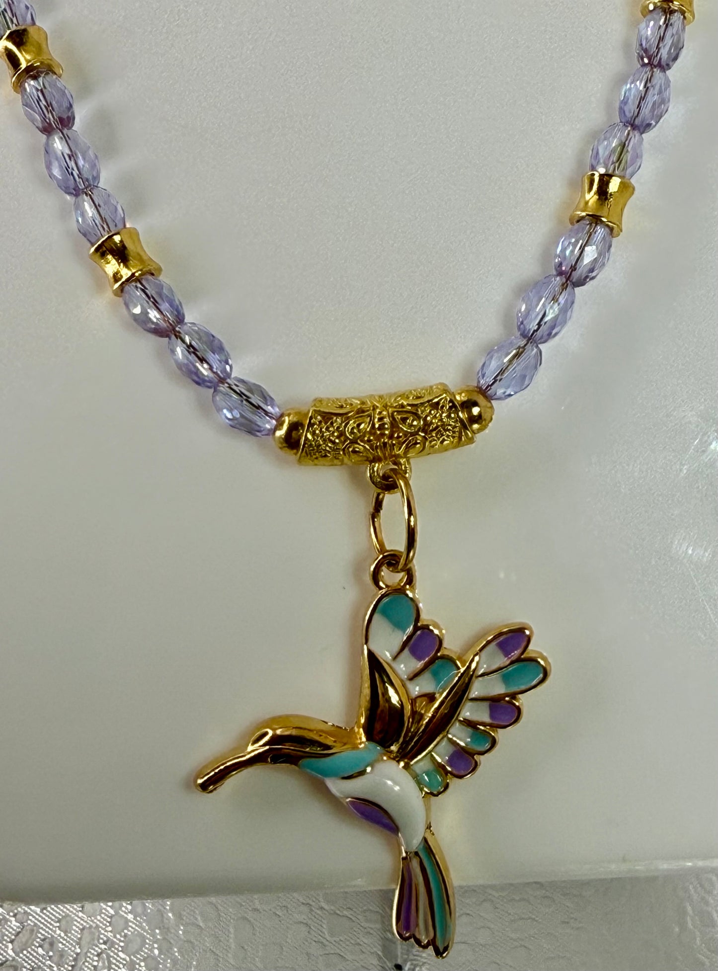 Purple Faceted Glass Necklace with Hummingbird Pendant – 18” Sparkly Beaded Necklace with Gold Accents – Free Matching Earrings Included