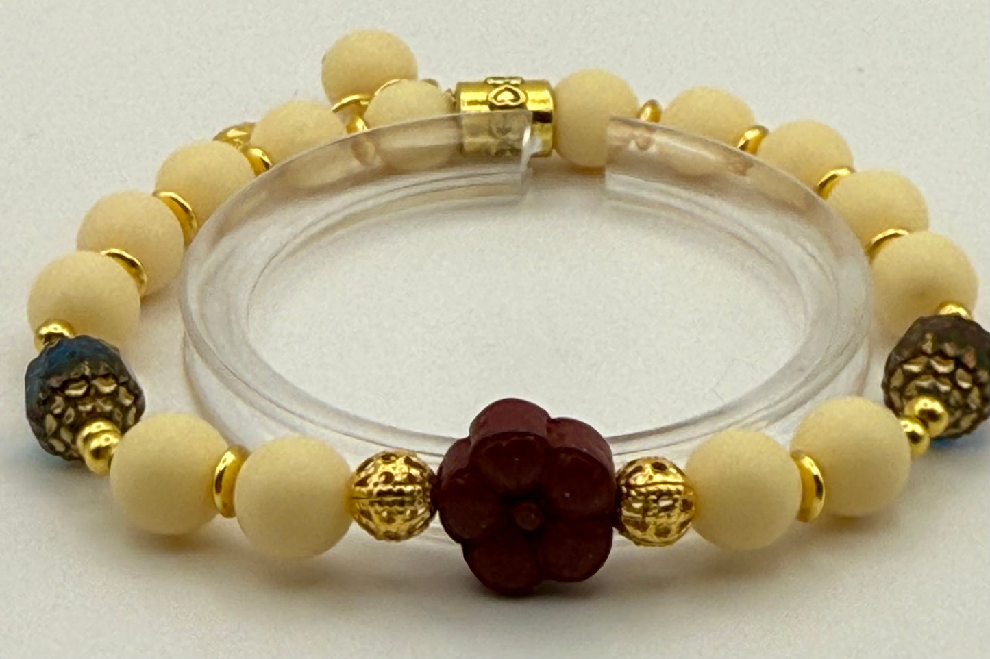 Yellow Tagua and Cinnabar focal stretch bracelet 7"