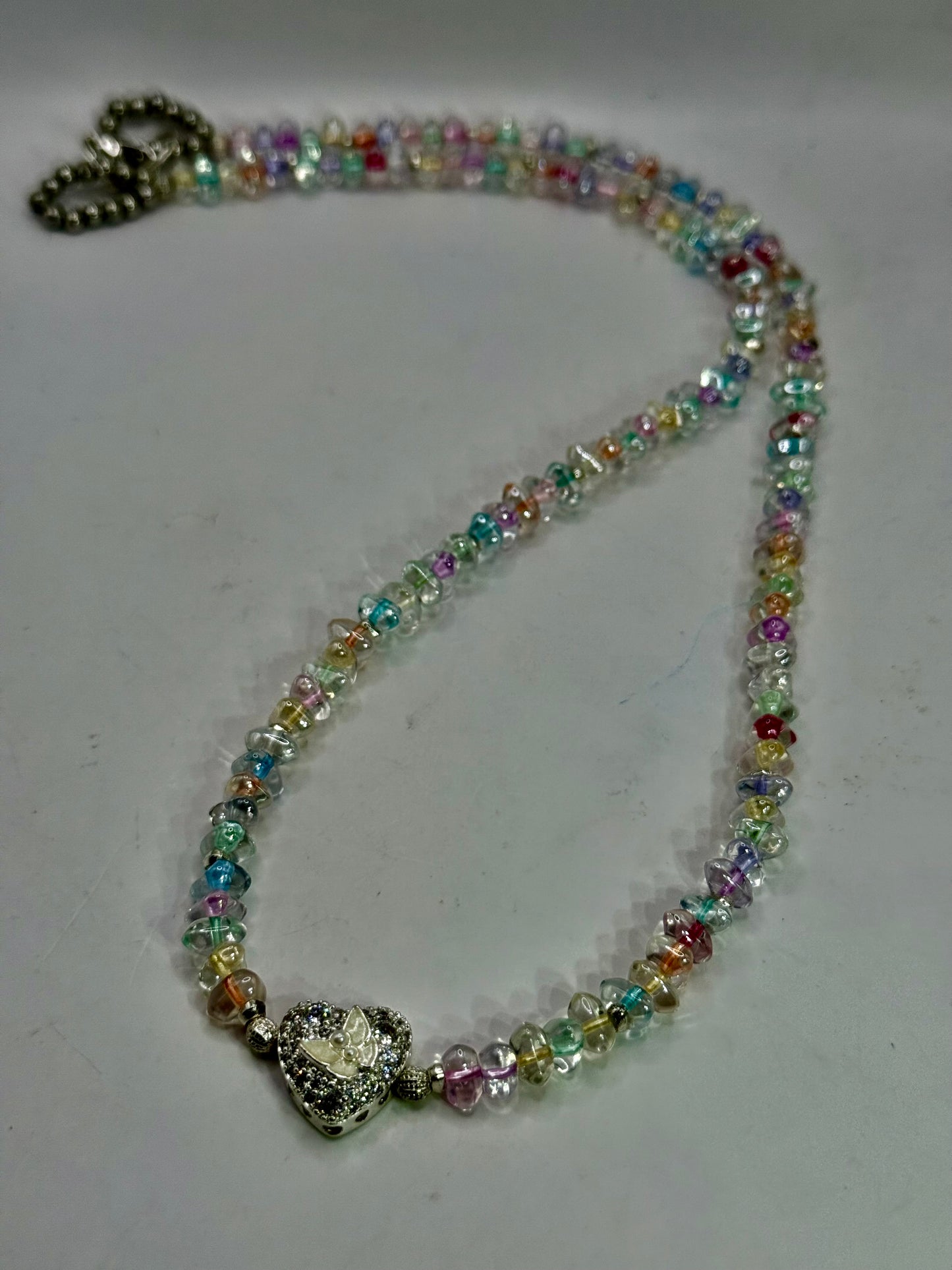 Pastel Glass Chip Necklace with Butterfly Heart Pendant – 22” Beaded Necklace + FREE Matching Bracelet