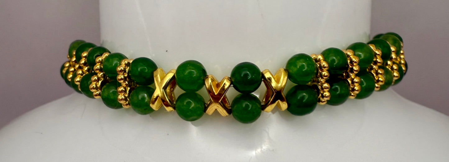 Traditional Green Jade and Gold Accent Stretch Bracelet 7.5"