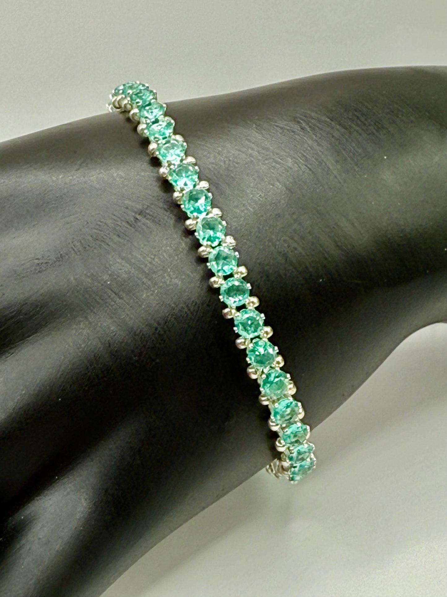 Elegant 7.25” Silver Tennis Bracelet with Green Crystal Accents – Dainty Handmade Jewelry
