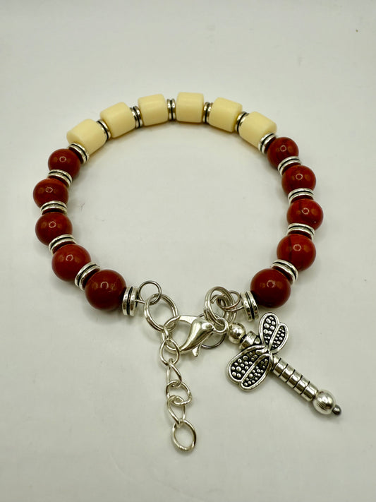 7.5” Red Jasper & Bodhi Bead Clasp Bracelet with Silver Dragonfly Charm | Grounding Gemstone Jewelry | Free Resizing