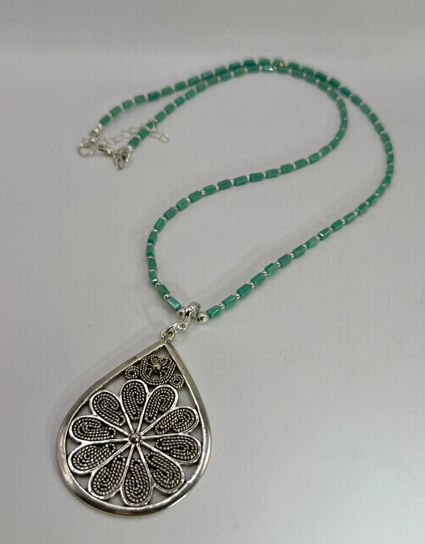 Teardrop Filigree Pendant Necklace – 20” Aqua Beaded Necklace, Silver Filigree Teardrop Pendant, Handmade Boho Jewelry Gift for Her