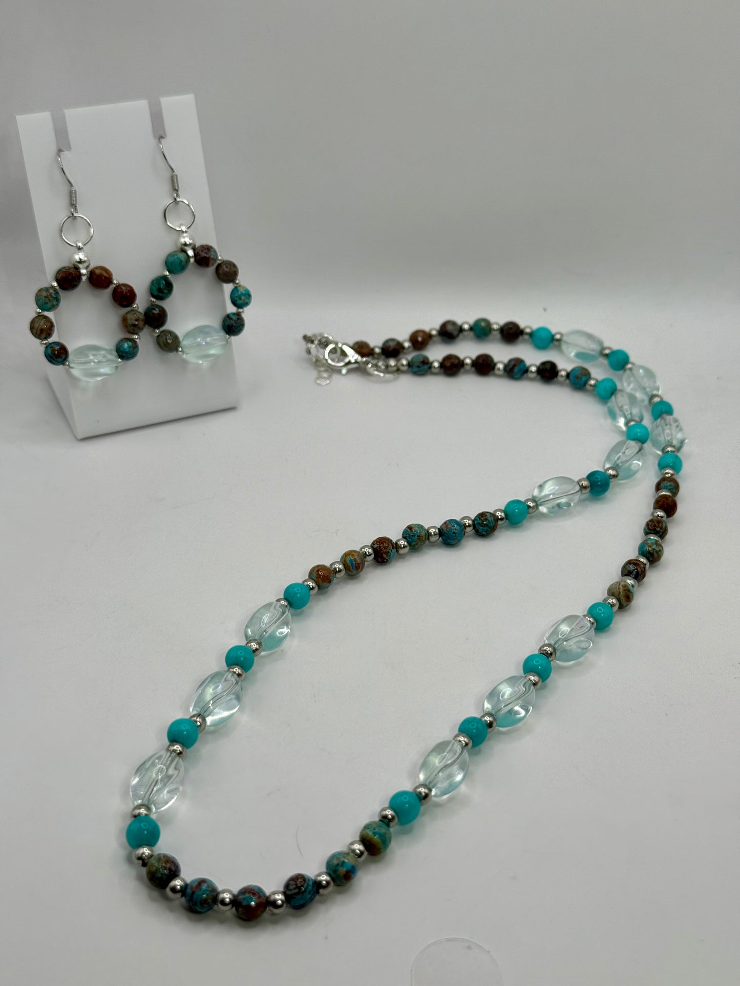 Desert Jasper and Amazonite Necklace Set – 20” Beaded Necklace with Matching Earrings, Natural Gemstone Jewelry, Handmade Gift for Her