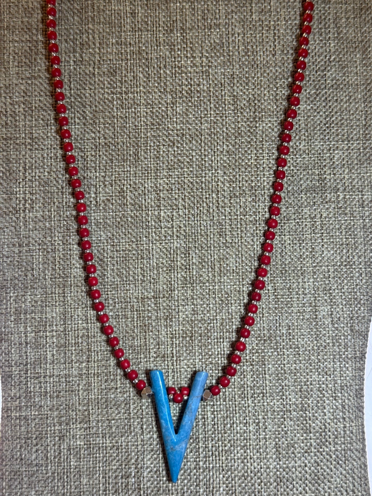 Red Beaded Necklace with Blue V Pendant • 22” Gemstone Statement Necklace • Boho Southwest Jewelry • Handmade Gift for Her
