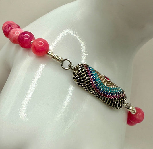 8” Pink Jade Beaded Bracelet with Sparkling Rainbow Focal | Handmade Gemstone Bracelet with Clasp | Gift for Her | Pink Crystal Jewelry