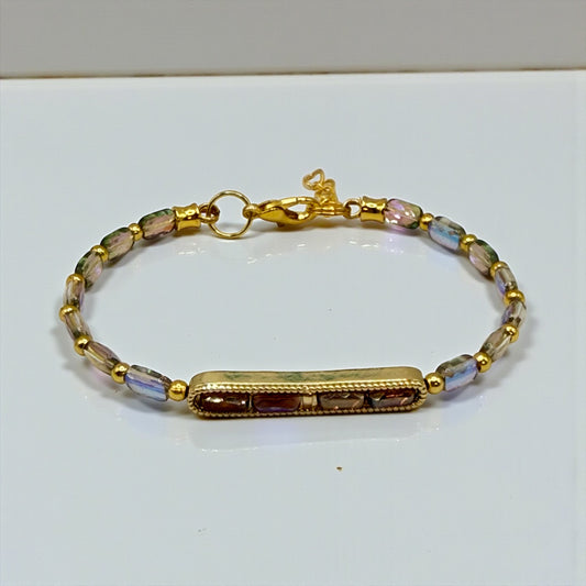 AB Iridescent Glass Bar Bracelet | Gold Frame Adjustable Bracelet | Handmade Sparkle Bracelet | 7–7.75 Inch