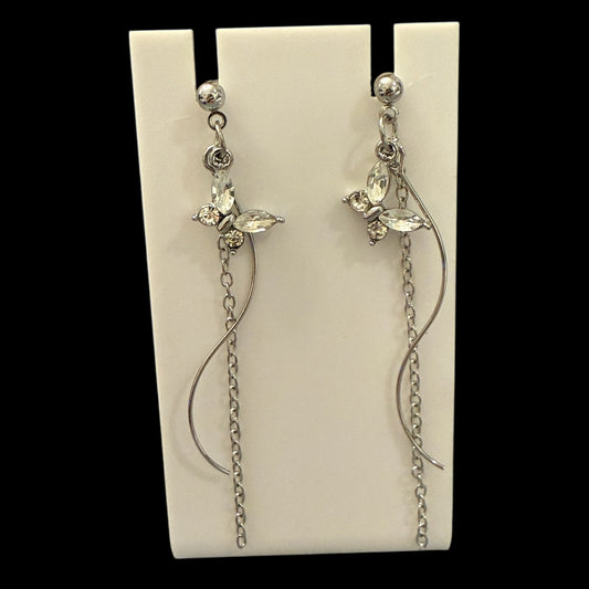 Crystal Butterfly Dangle Earrings – Long Silver Chain Drop Earrings – Elegant Statement Jewelry Gift for Her