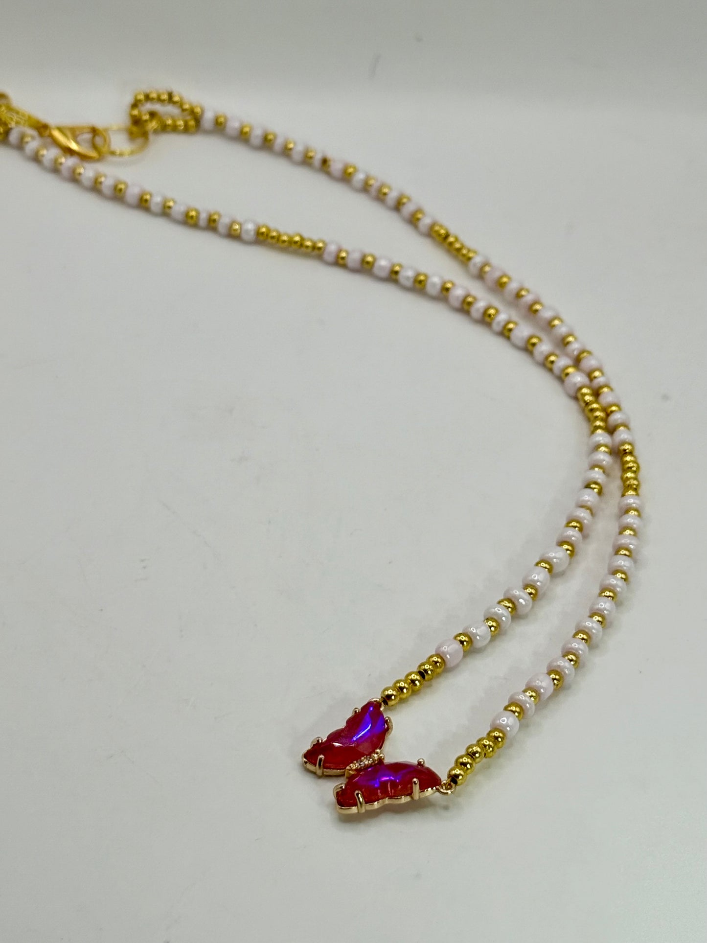 Gold and Pink Beaded Necklace with Bright Pink Butterfly Pendant – 20” Handmade Necklace Gift for Her