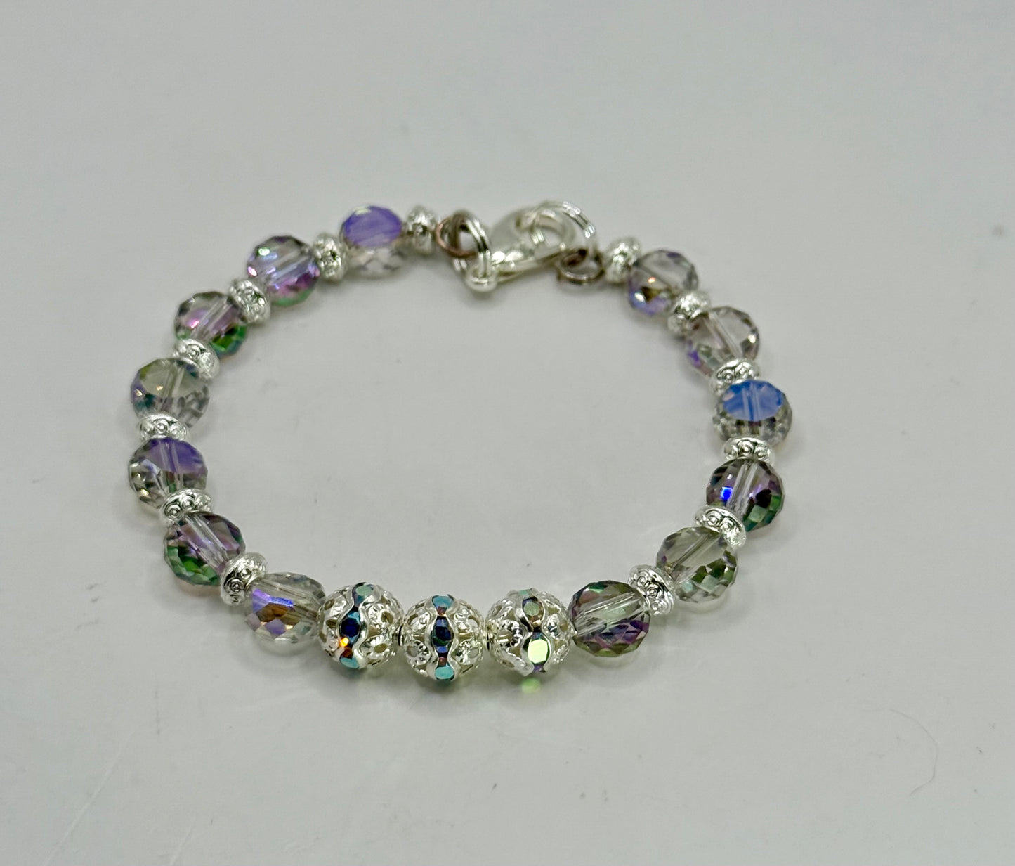Iridescent Crystal Glass Bead Bracelet with Silver Accents | 7.5” Clasp | Handmade Jewelry Gift