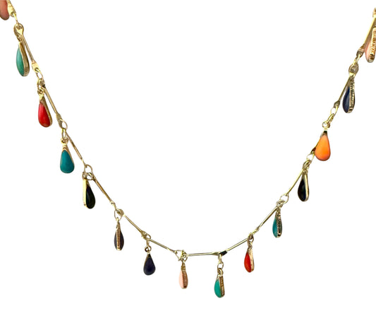 26” Multi-Color Teardrop Charm Necklace with Matching Earrings & Adjustable Bracelet – Gold Tone Boho Jewelry Set
