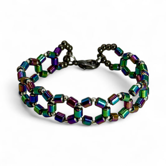 Rainbow Hematite Geometric Bracelet – 7.75” Handmade Beaded Jewelry, Unisex Colorful Bracelet, Unique Gift for Her or Him