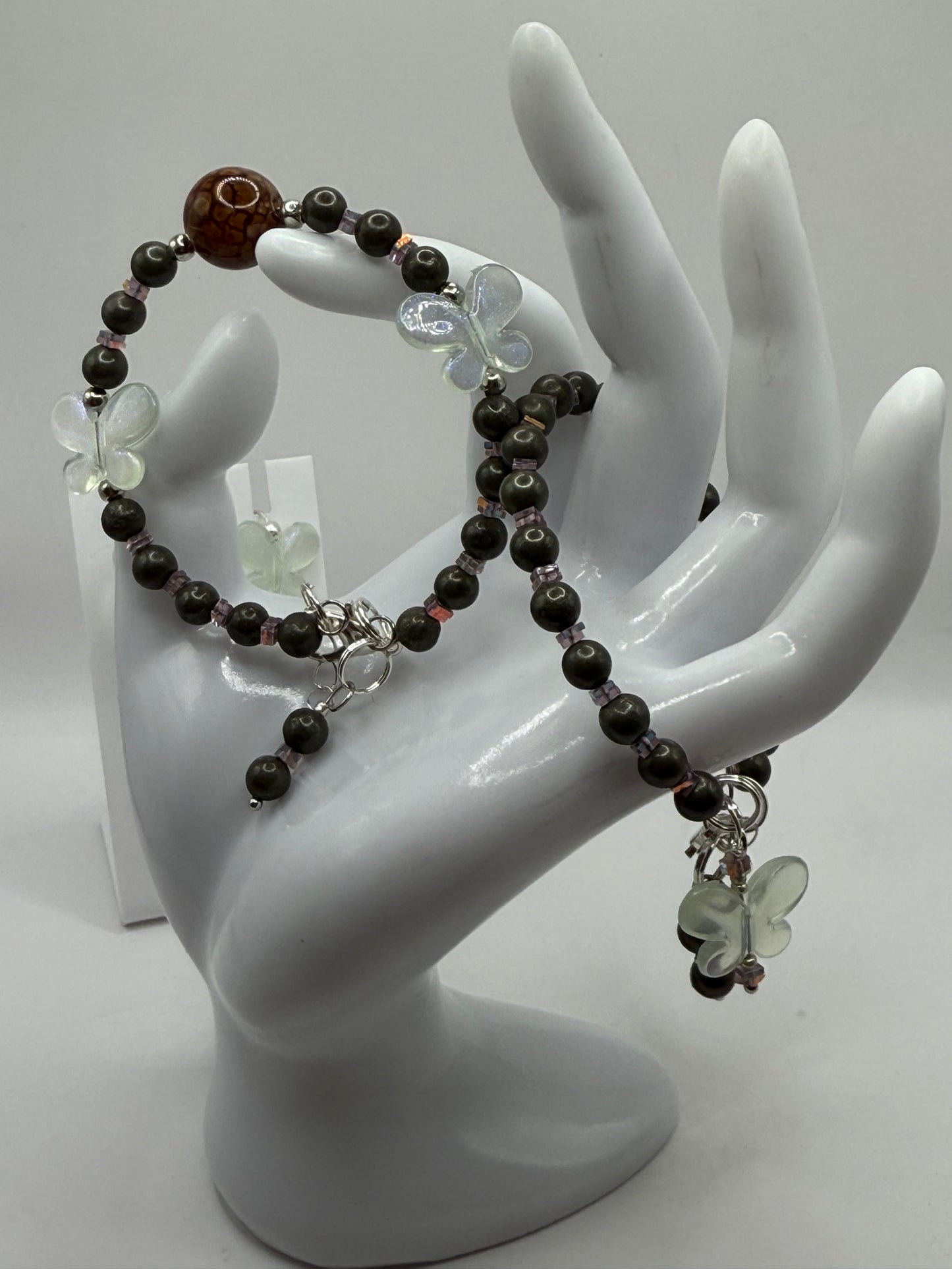 7.5” Dragon Vein Agate and Pyrite Bracelet Set with Iridescent Butterfly Charms | Handmade Gemstone Jewelry + Free Matching Earrings