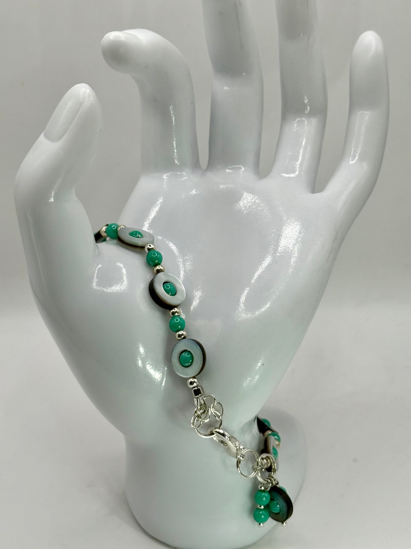 Teal Glass and Mother of Pearl Bracelet 8.25” | Ocean Style Boho Jewelry | Shell and Teal Beaded Bracelet | Gift for Her | Clasp Bracelet