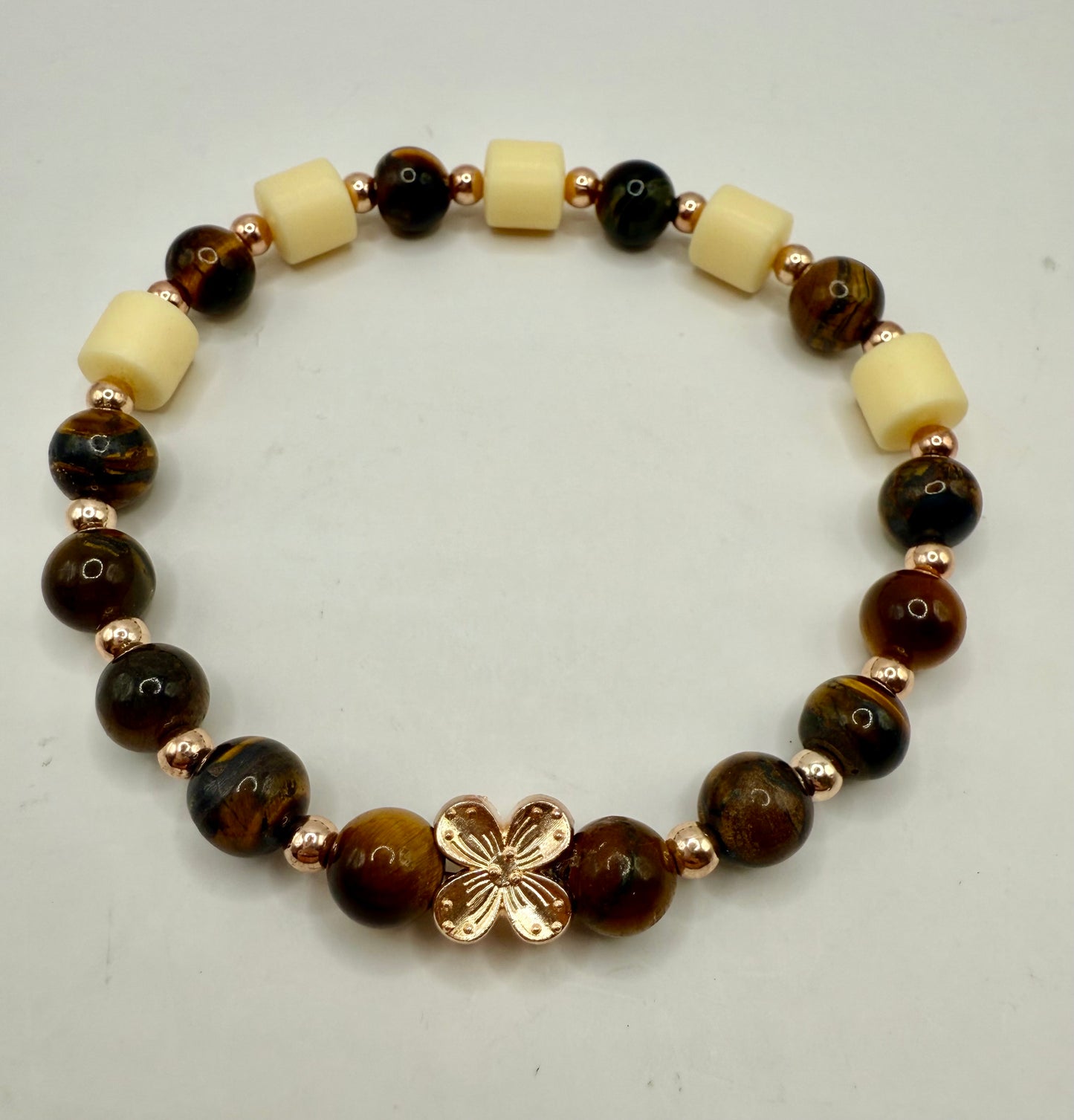 7.75” Tiger Eye & Bodhi Bead Stretch Bracelet with Soft Gold Accents | Handmade Spiritual Jewelry | Free Resizing