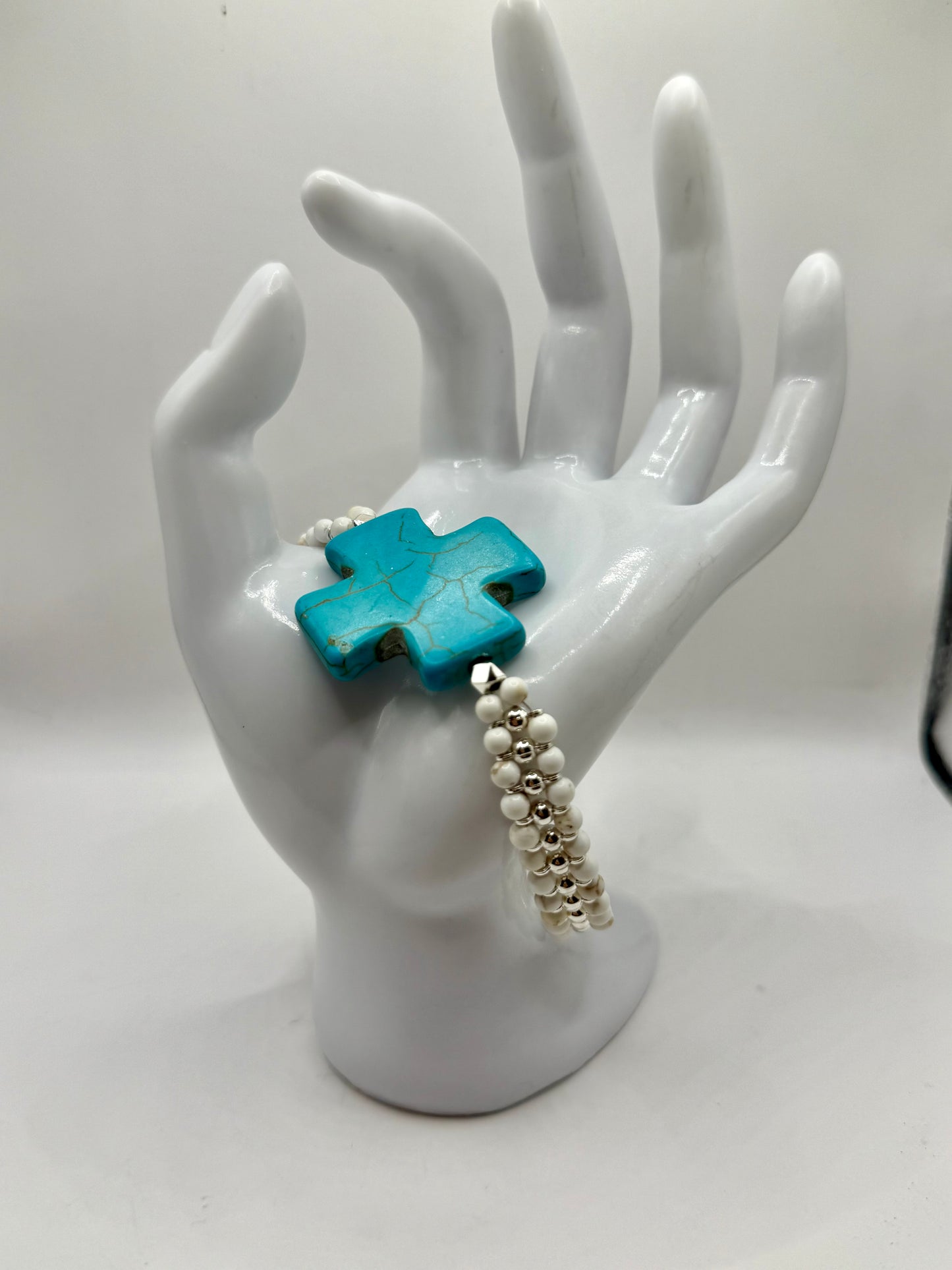 Turquoise Howlite Cross Bracelet | 7.75” White & Silver Beaded Bracelet | Handmade Southwest Style Jewelry | Turquoise Statement Bracelet
