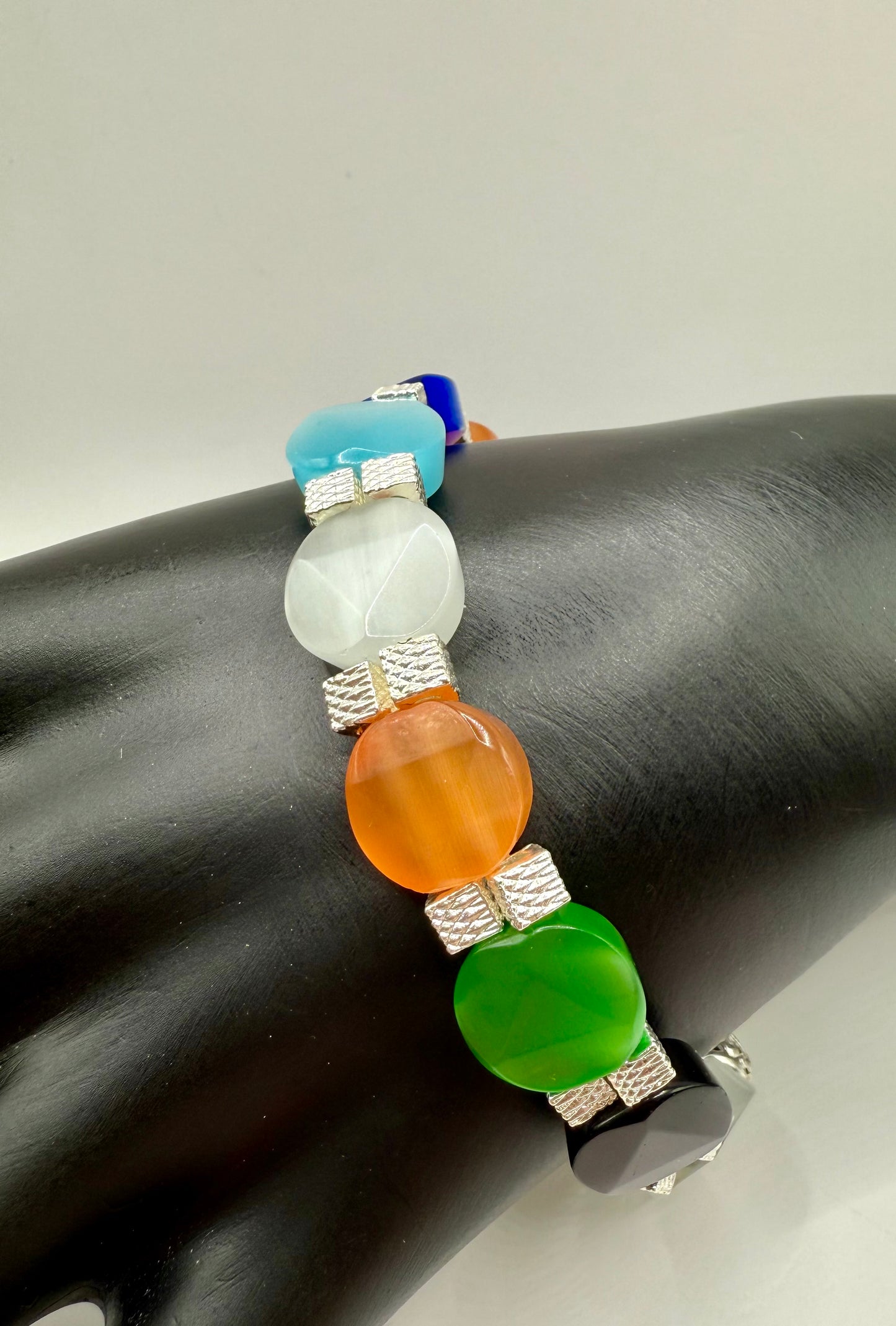 7” Multicolor Cat Eye Stretch Bracelet – Handmade, Adjustable to 7.5”, Colorful Beaded Jewelry