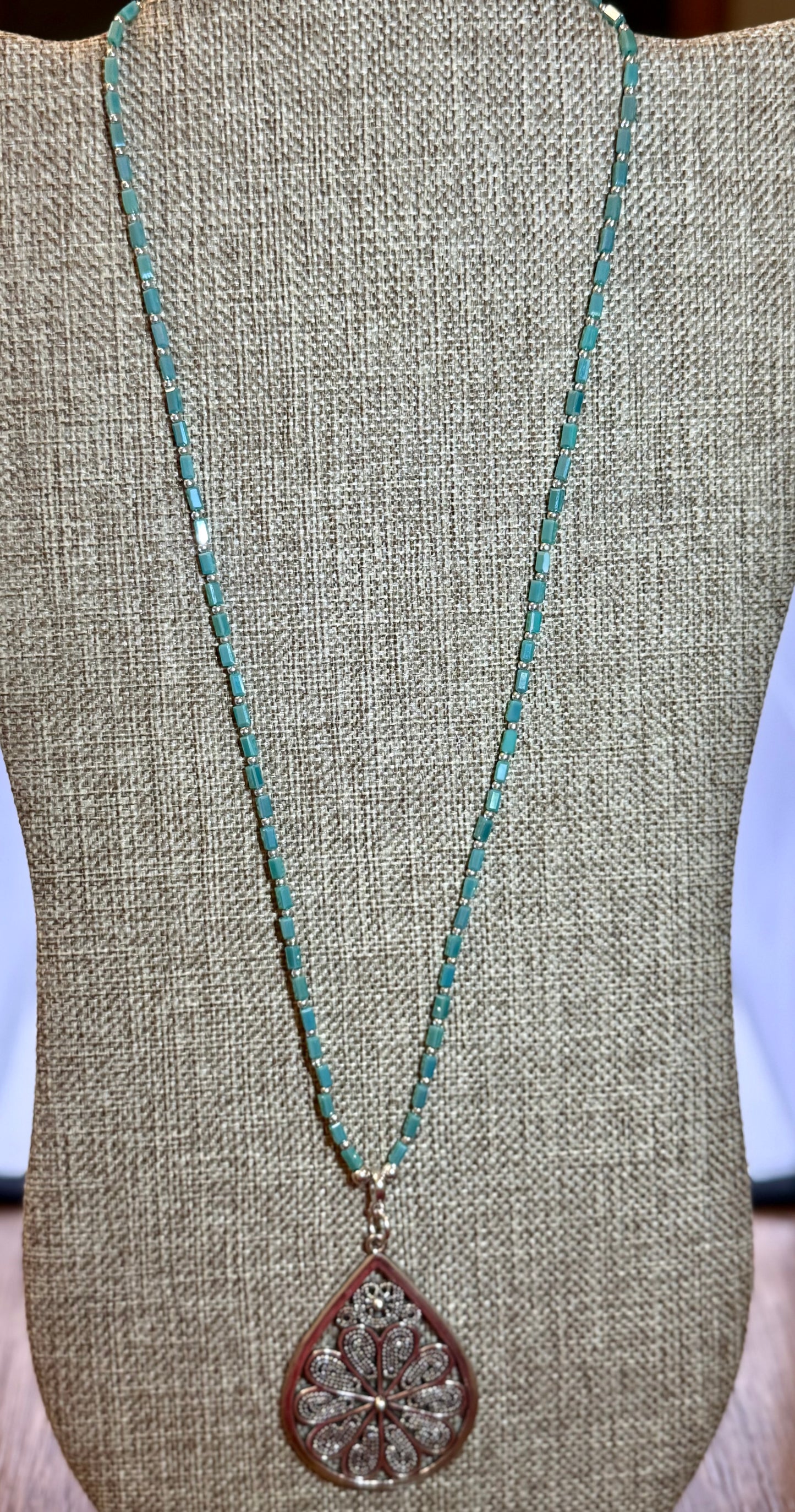 Teardrop Filigree Pendant Necklace – 20” Aqua Beaded Necklace, Silver Filigree Teardrop Pendant, Handmade Boho Jewelry Gift for Her