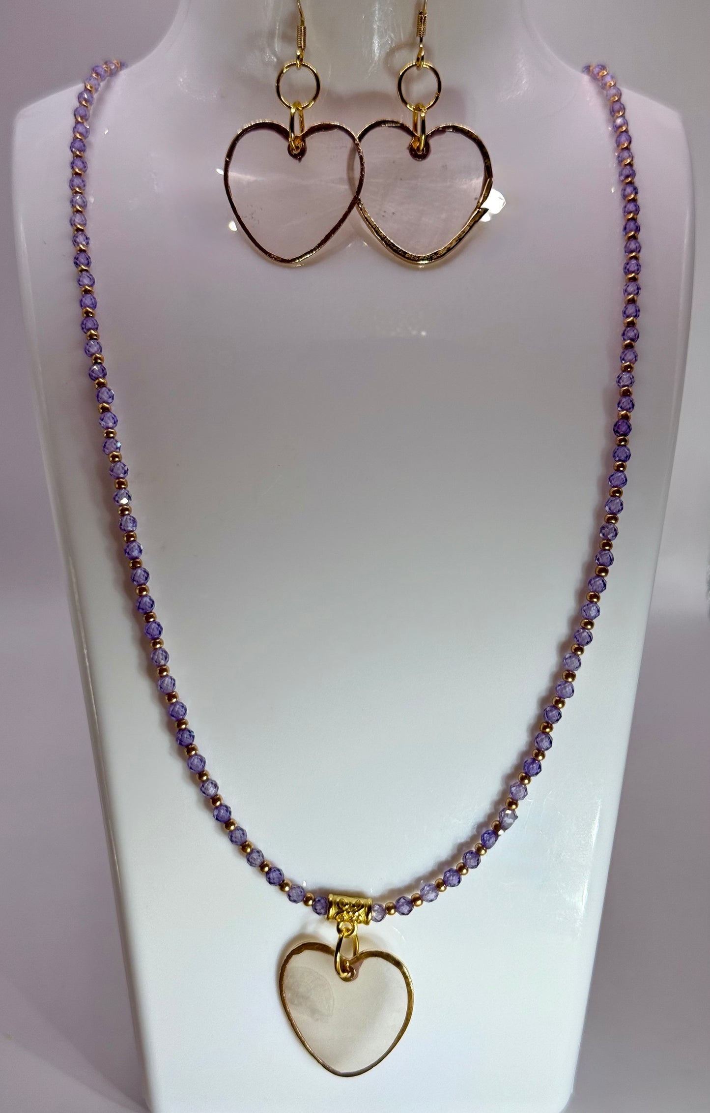 18” Purple Beaded Necklace with Capiz Shell Heart Pendant & Matching Earrings – Handmade Jewelry Gift Set