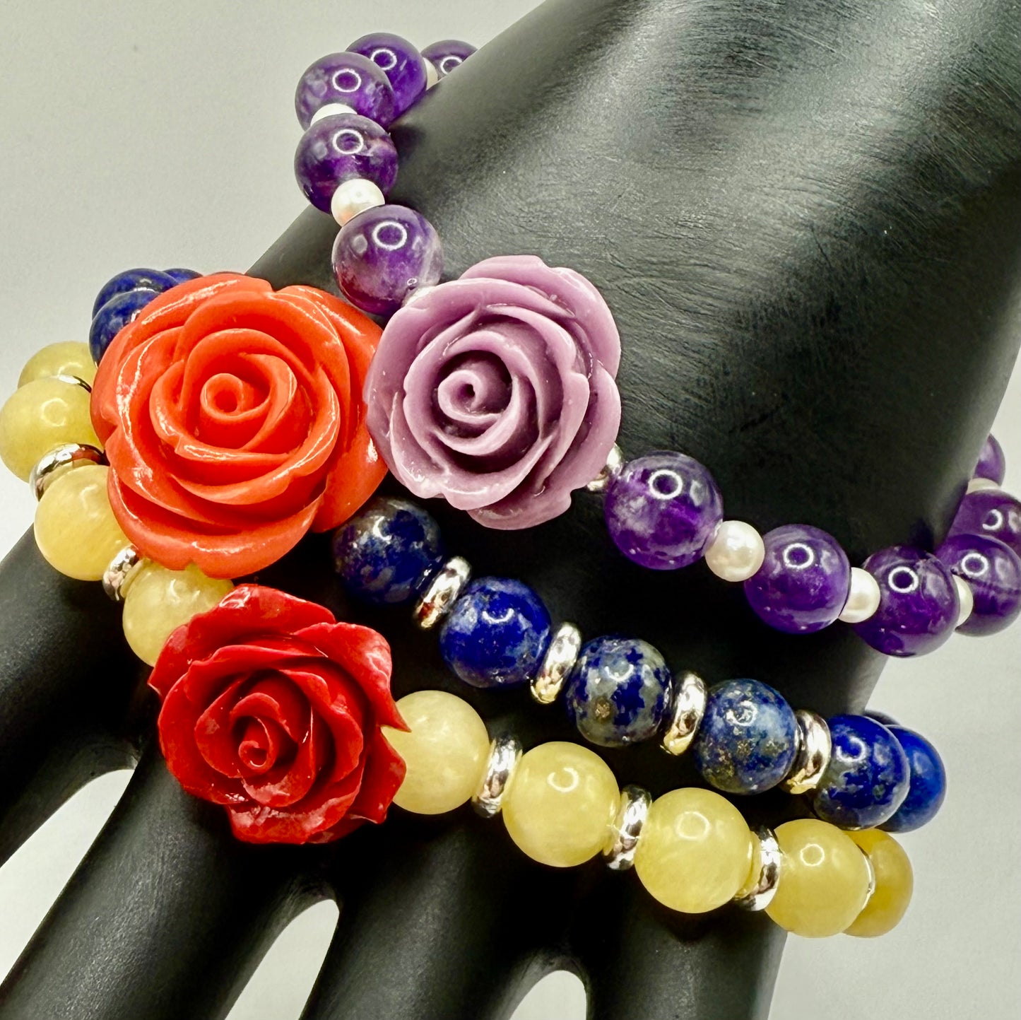 Floral Beaded Bracelets with Rose Focal – Choose Purple Amethyst, Yellow Jade, or Blue Lapis (3 options/sizes)