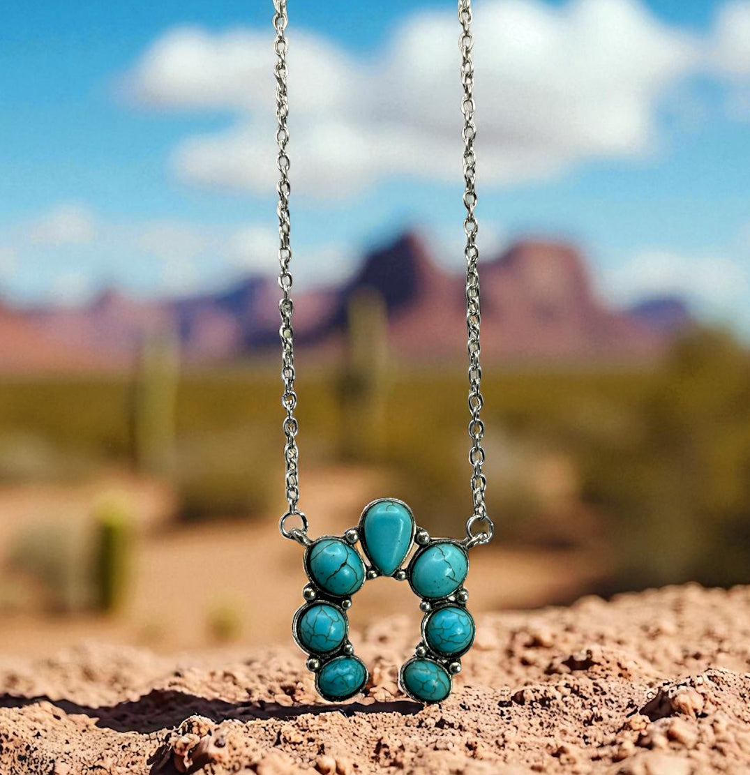 Turquoise Howlite Squash Blossom Necklace – 18” Silver Chain