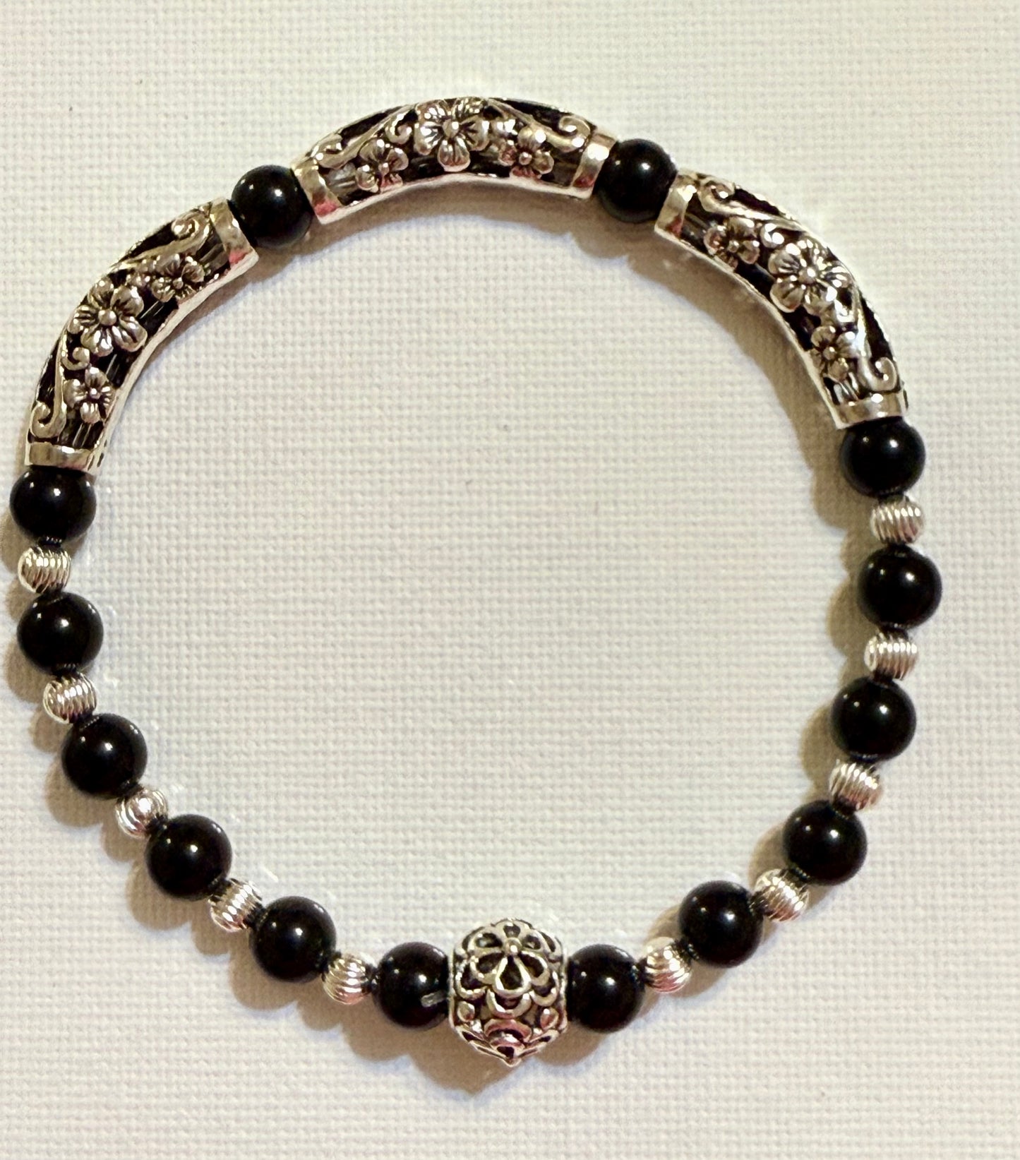 Black Agate and Silver Floral Stretch Bracelet 7.75"