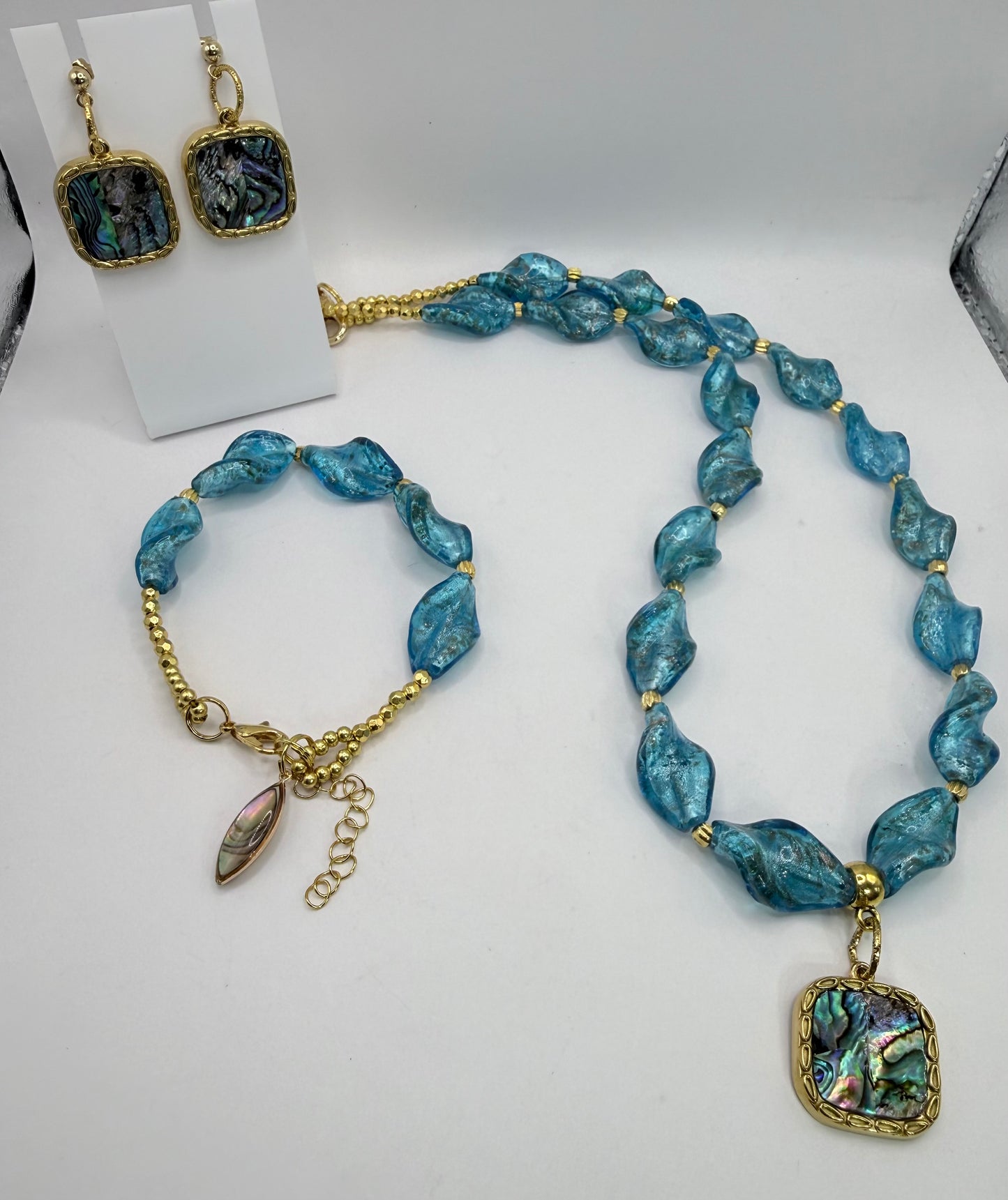 Blue Art Glass Necklace Bracelet Earrings Set | Coastal Jewelry Set | Abalone Pendant | Handmade Statement Jewelry awwwww