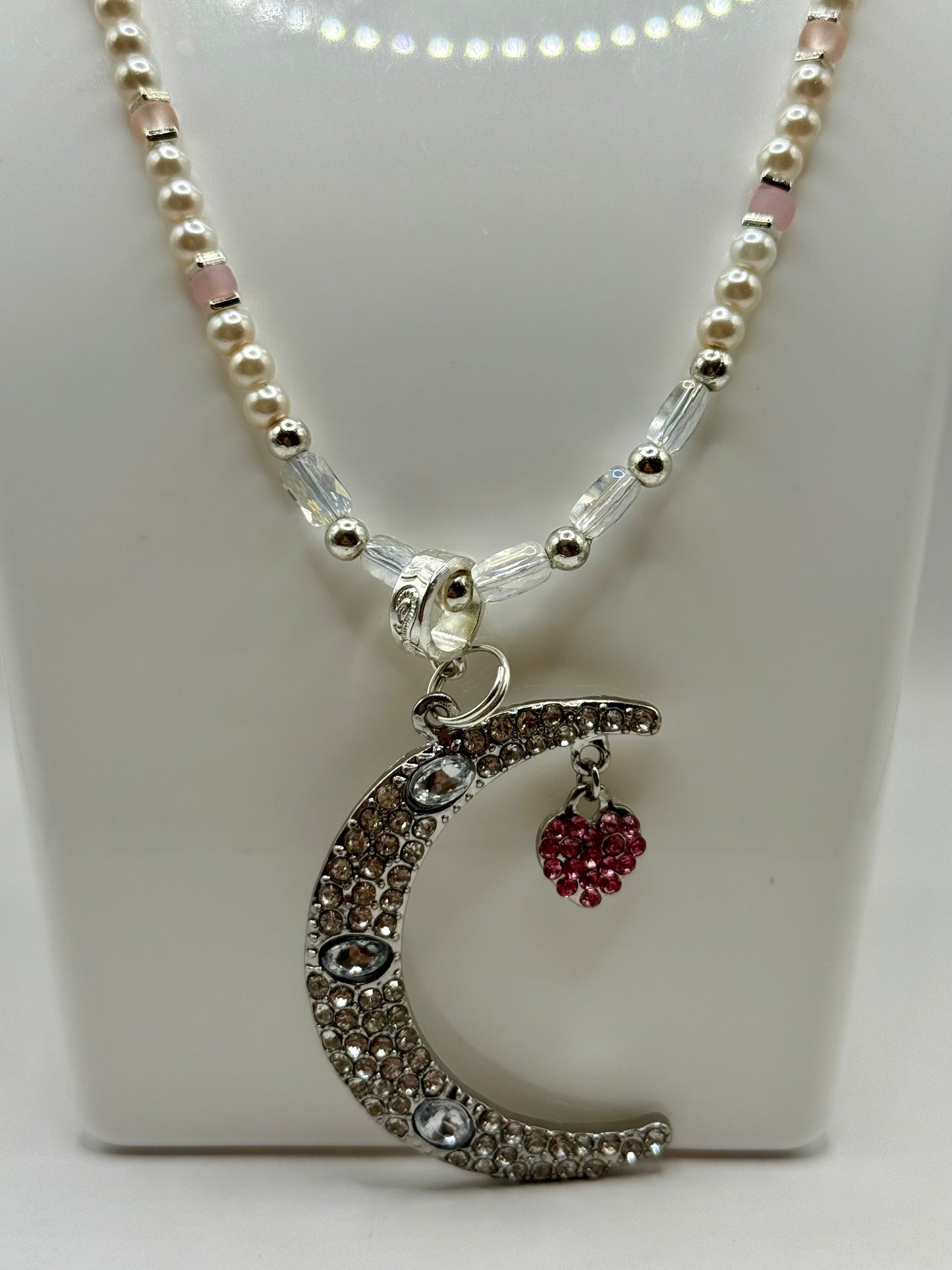26” Celestial Moon and Heart Pendant Necklace | Beaded Pearl & Crystal | Handmade Moon Jewelry | Starry Sky Aesthetic