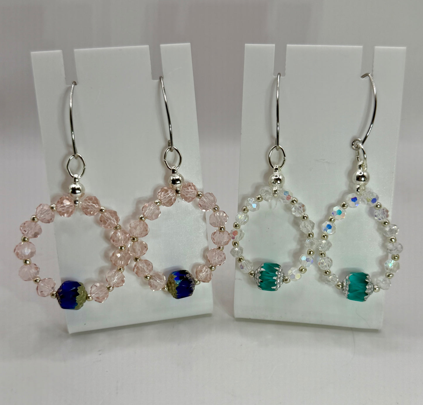 Handcrafted Beaded Hoop Earrings with Lantern Focal Bead | Pink or Clear AB Crystal Hoops