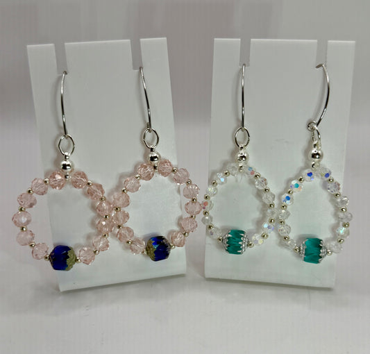 Handcrafted Beaded Hoop Earrings with Lantern Focal Bead | Pink or Clear AB Crystal Hoops