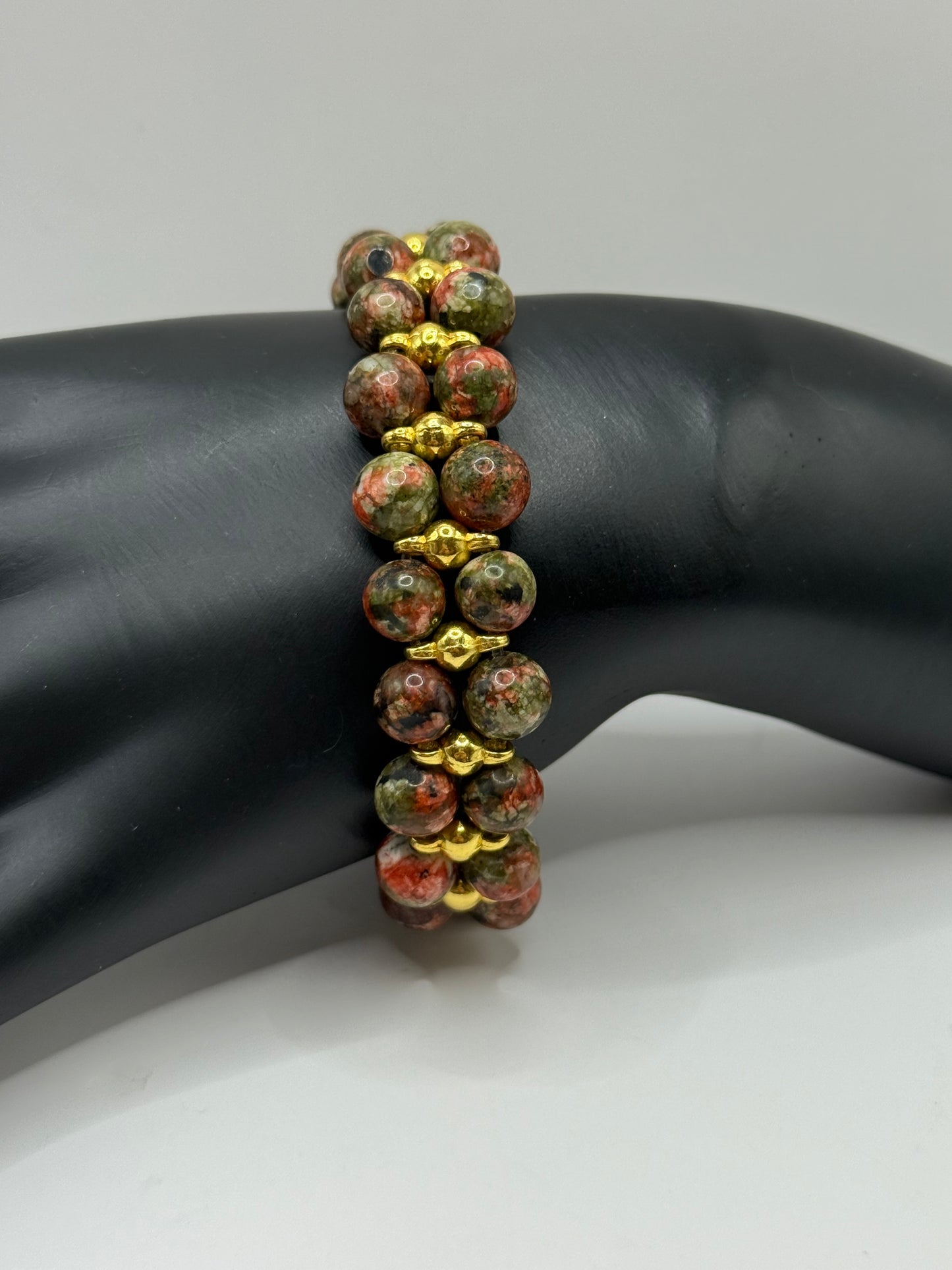 7” Unakite Gemstone Stretch Bracelet with Gold Accents | Free Resizing | Earthy Boho Jewelry
