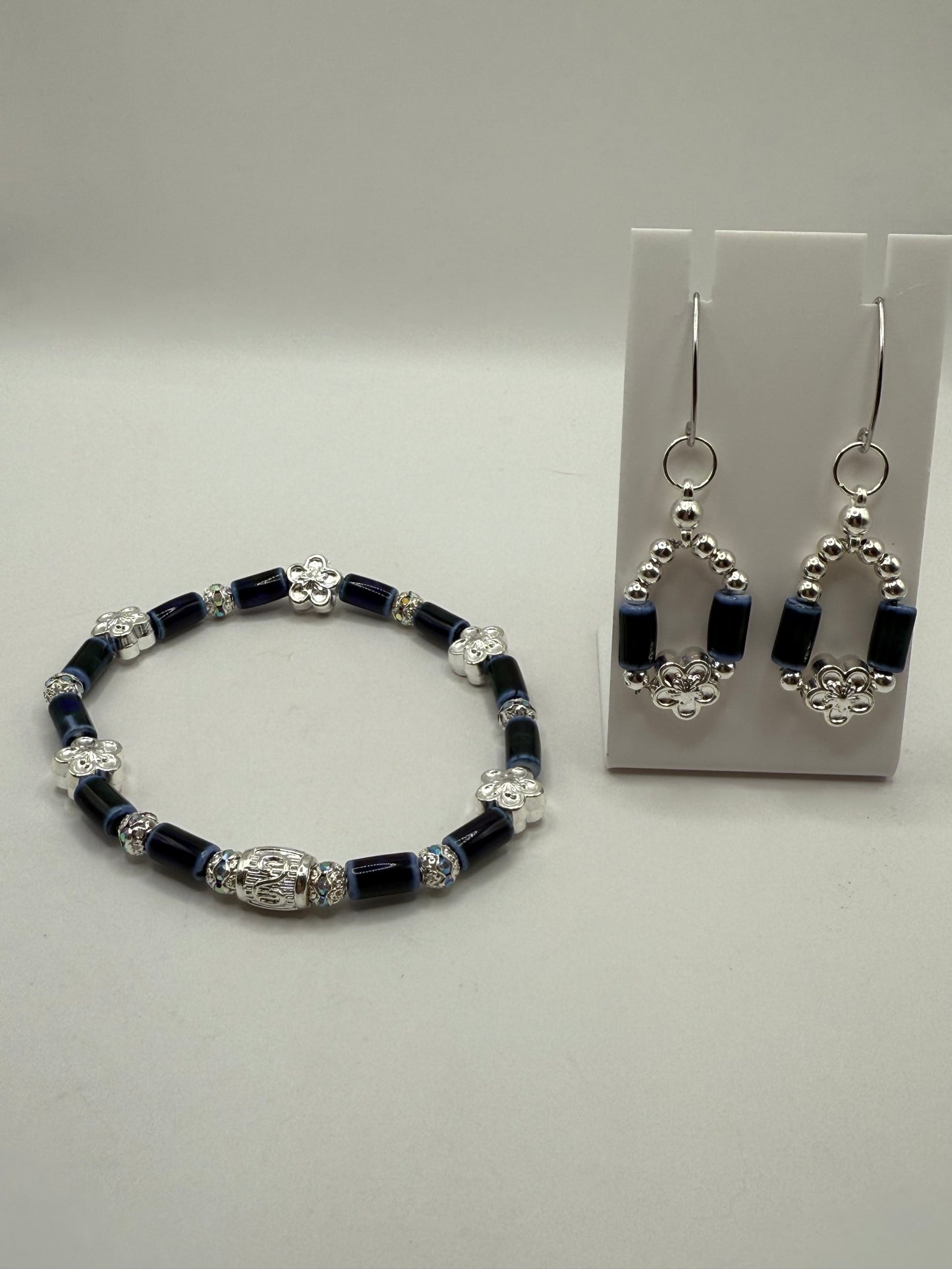 Blue Ceramic Tube Bead Bracelet with Free Matching Earrings – 8” Stretch Bracelet, Handmade Beaded Jewelry Set, Gift for Her