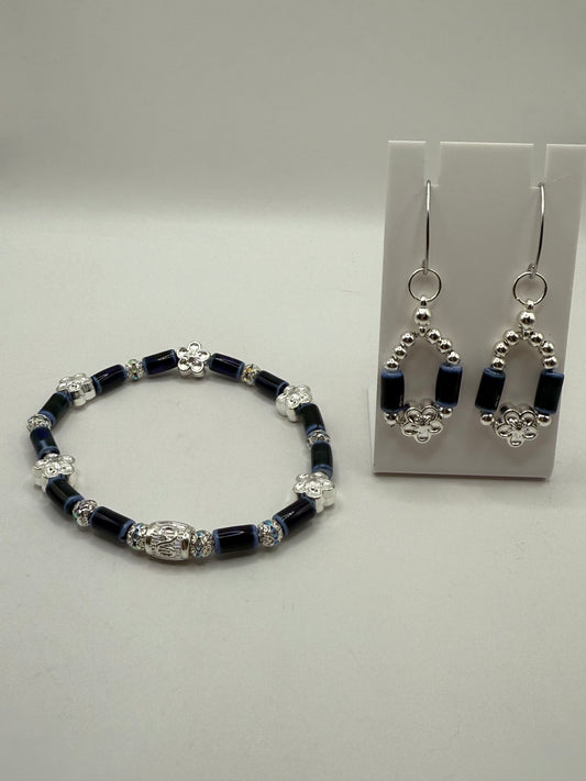 Blue Ceramic Tube Bead Bracelet with Free Matching Earrings – 8” Stretch Bracelet, Handmade Beaded Jewelry Set, Gift for Her
