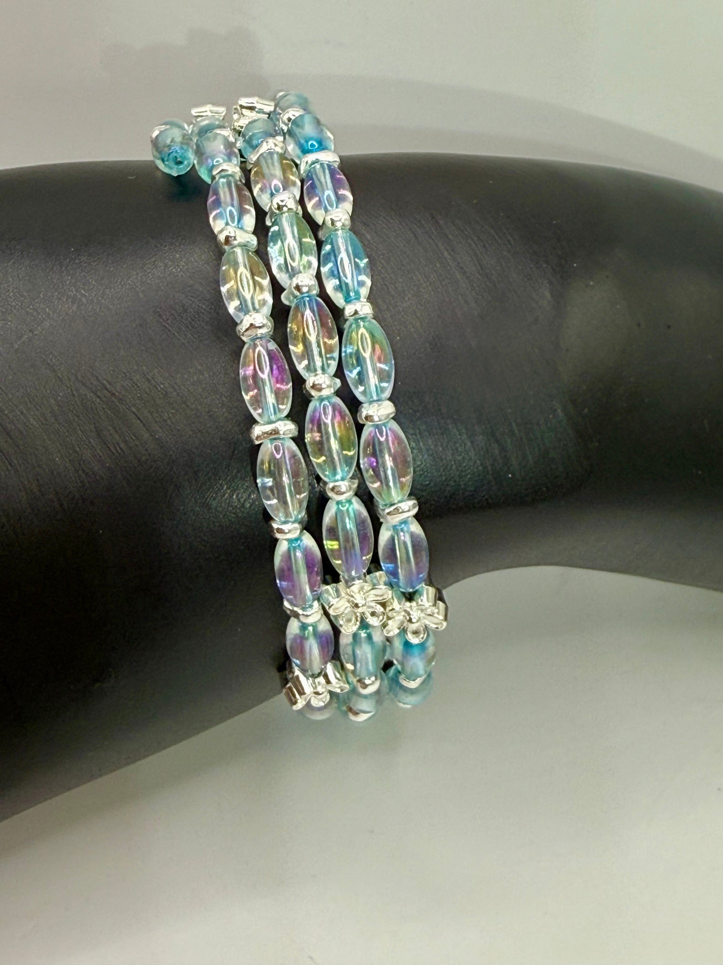Iridescent Glass Wrap Bracelet – Triple Layer Beaded Bracelet with Silver Accents, Adjustable Size, Handmade Jewelry Gift for Her