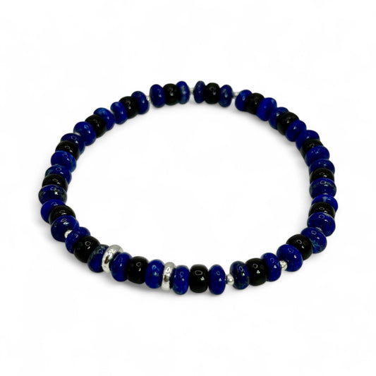 Lapis Lazuli and Onyx Stretch Bracelet – 7” Handmade Gemstone Jewelry – Healing Crystal Bracelet – Unisex Beaded Bracelet