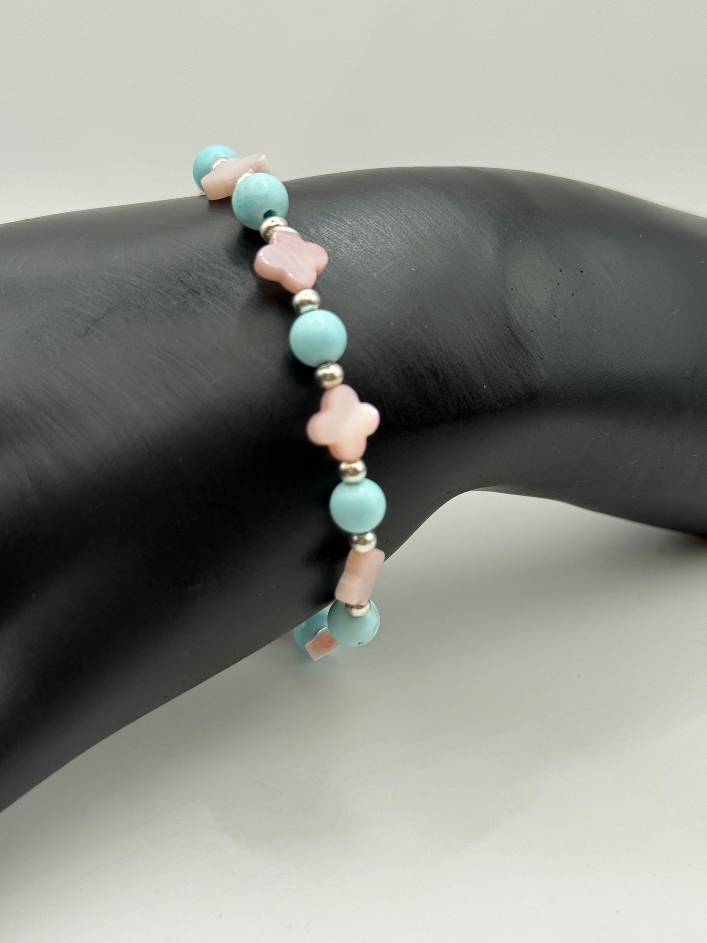 Pink Mother of Pearl & Blue Glass Beaded Bracelet – 7.5” Adjustable