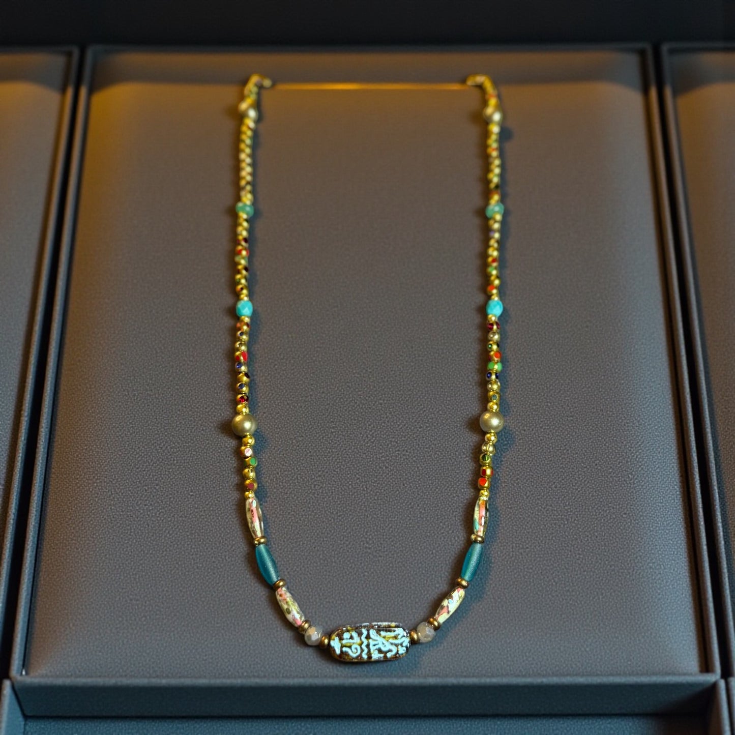 26” Multicolor Artisan Beaded Necklace with Handcrafted Focal Bead • Unique Boho Jewelry