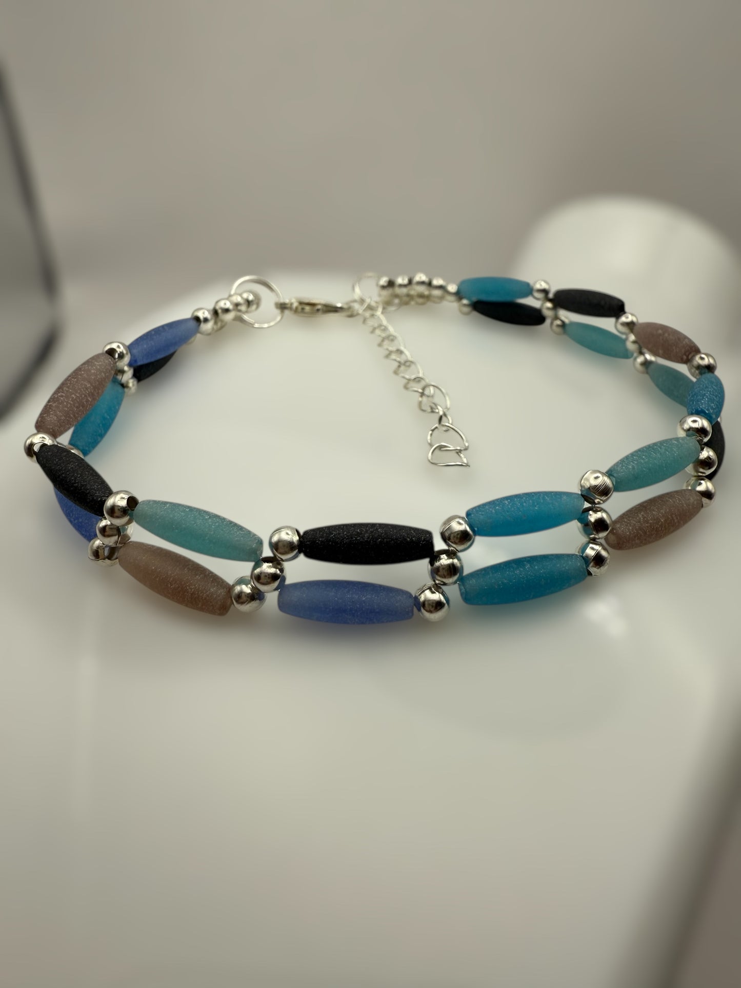 Blue Hues Rice Double Strand Bracelet 7.75"