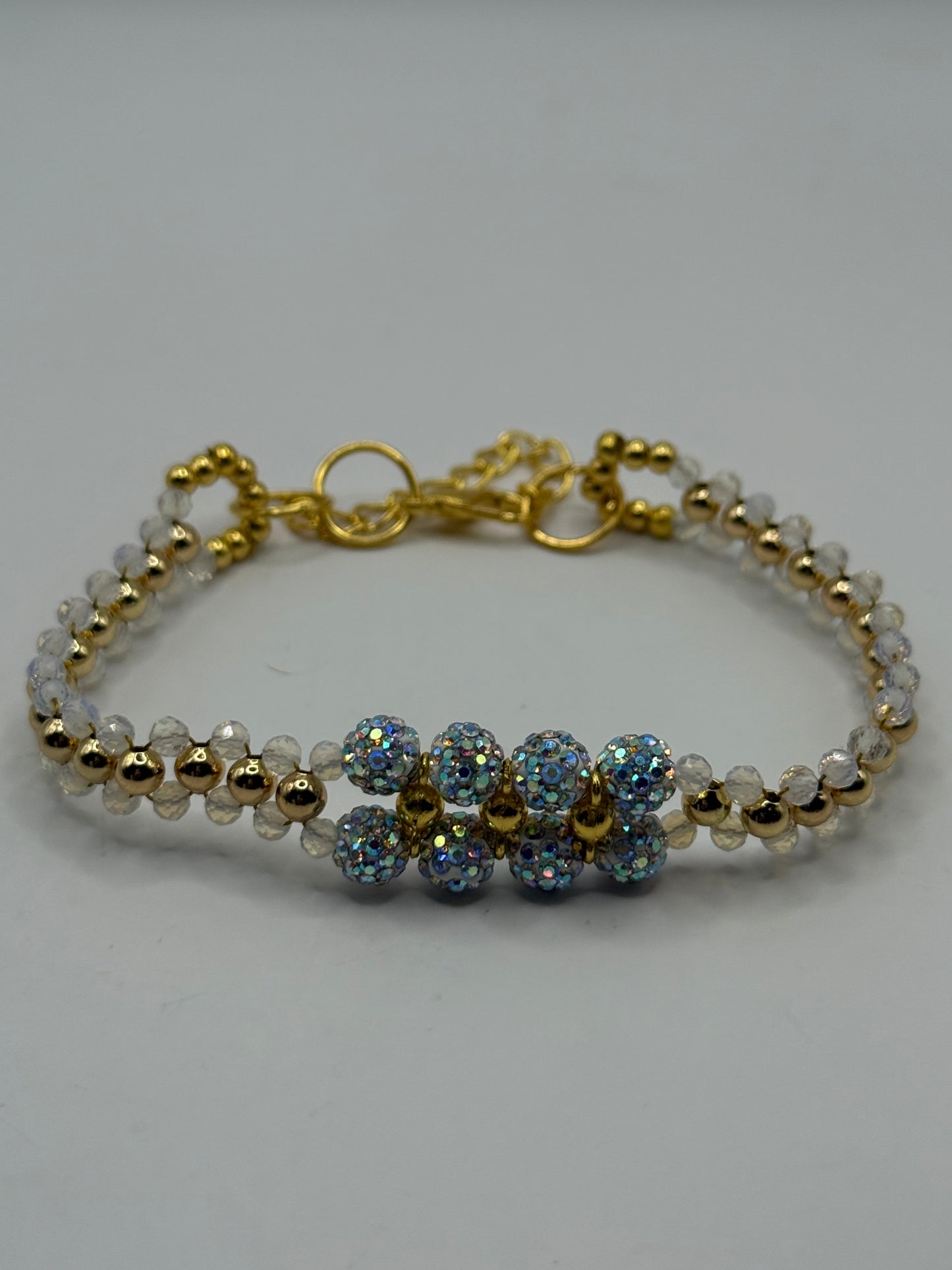 Opalite Beaded Double Band Bracelet – 7” Adjustable Clasp | Dainty Gold & Iridescent Sparkle Jewelry | Handmade Gift