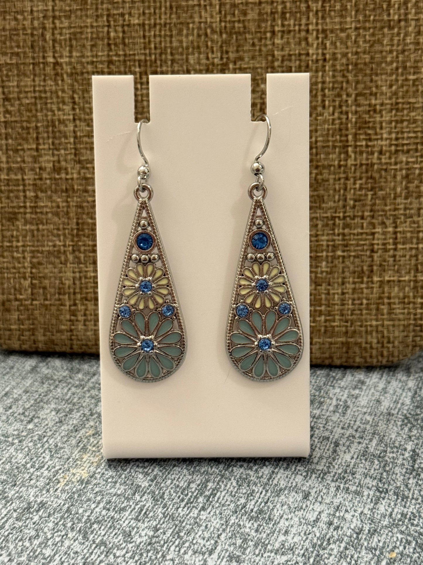 Boho Teardrop Earrings with Blue Crystals | Vintage-Inspired Floral Drop Earrings | Silver-Tone Statement Jewelry | Gift for Her