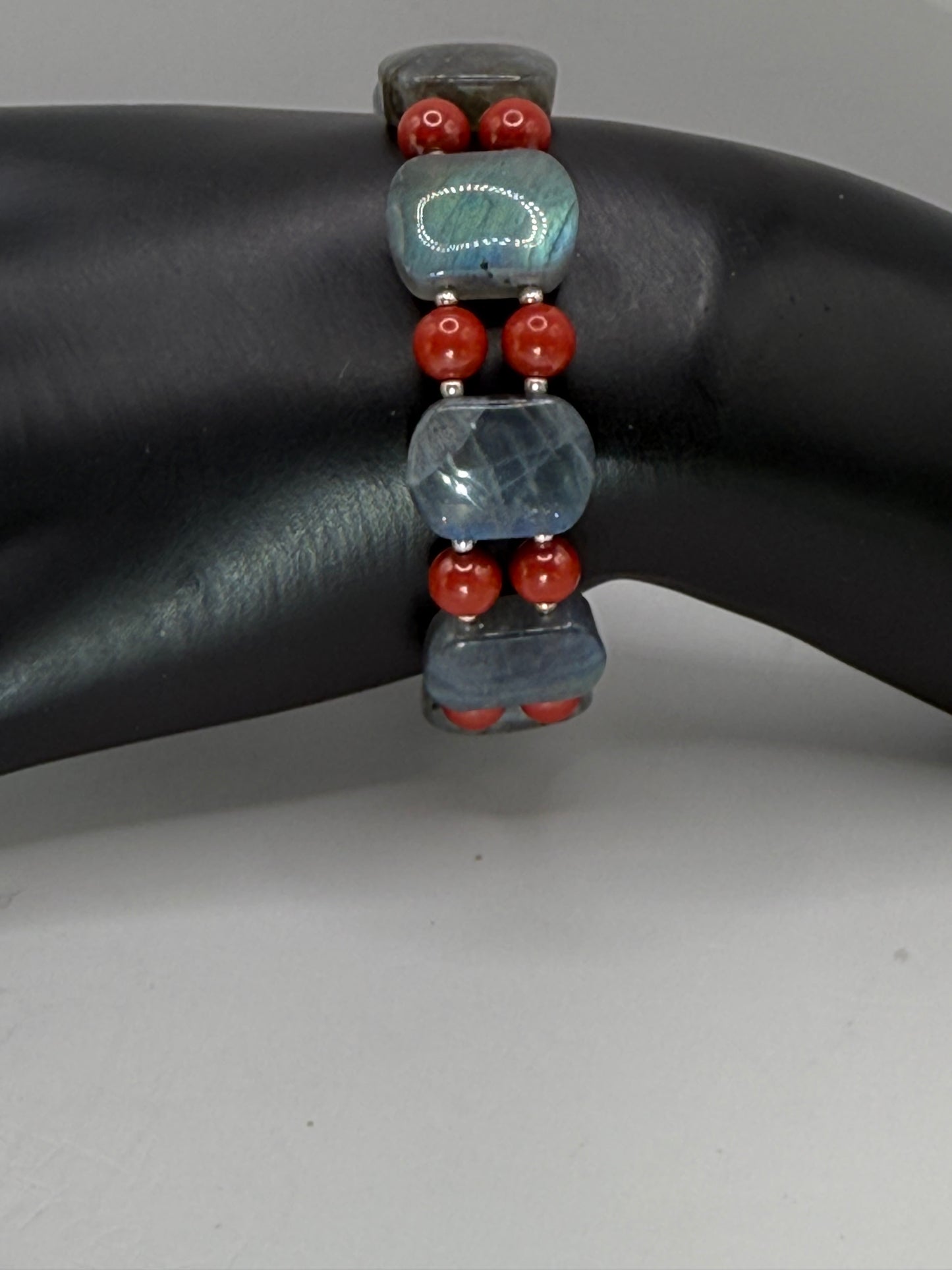 Flashing Labradorite and Cinnabar Double Bangle Bracelet | 7.5”–8” Adjustable Clasp Gemstone Bracelet | Handmade Statement Jewelry