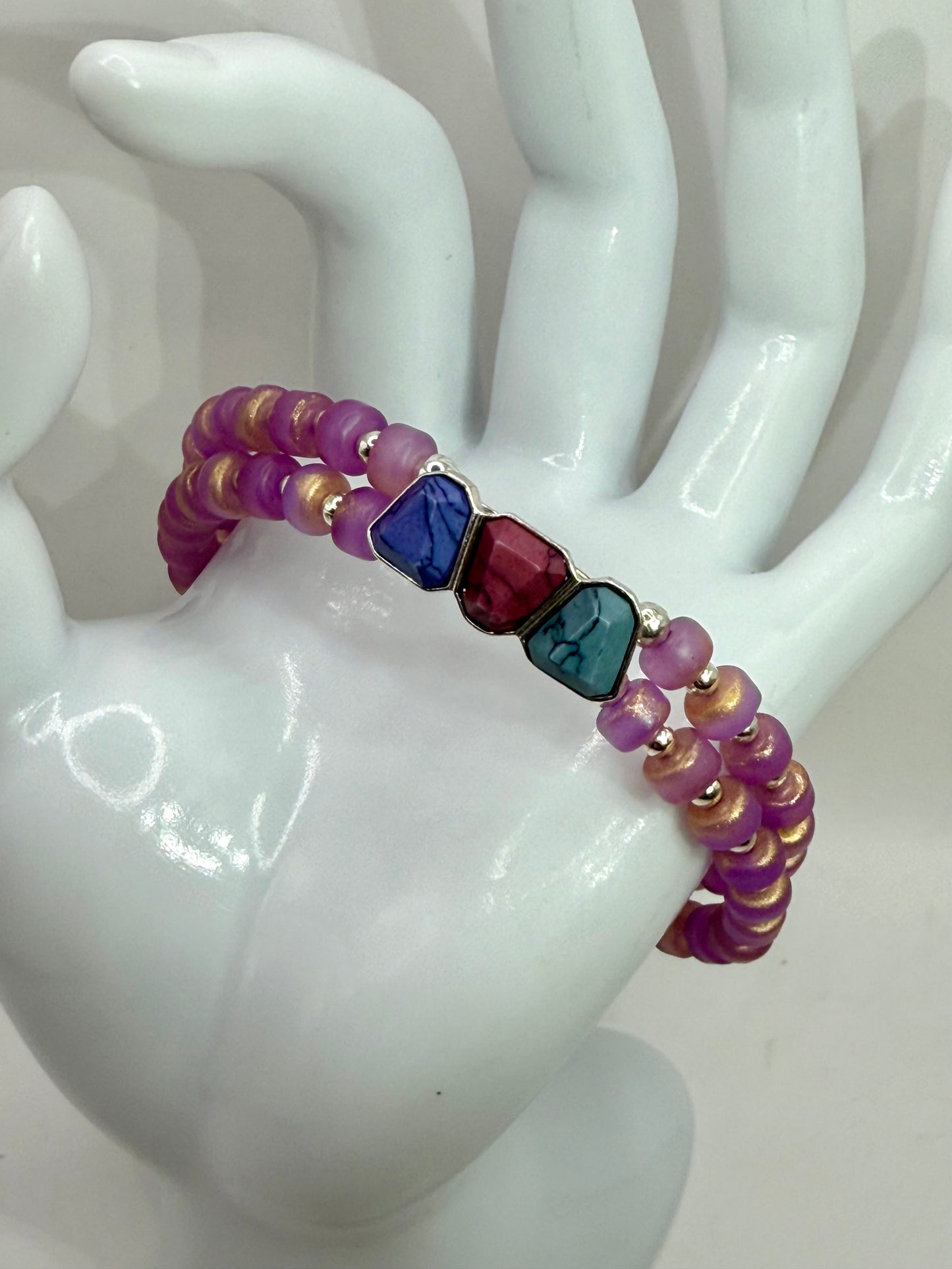 8” Double Banded Beaded Bracelet with Multi-Color Gemstone Focal | Purple Gold Beads | Handmade Jewelry | Free Resizing