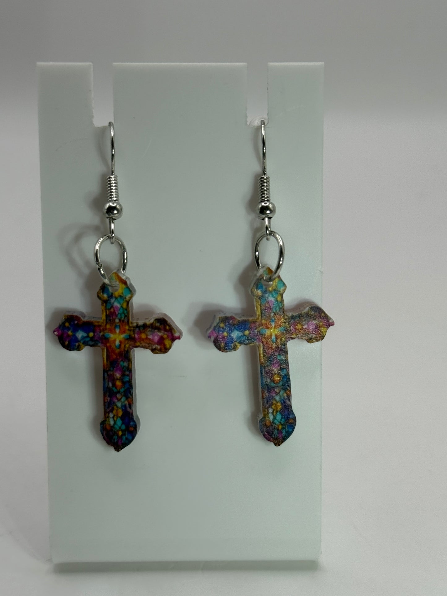 Colorful Mosaic Cross Earrings – Handmade Resin Dangle Jewelry – Unique Boho Gift