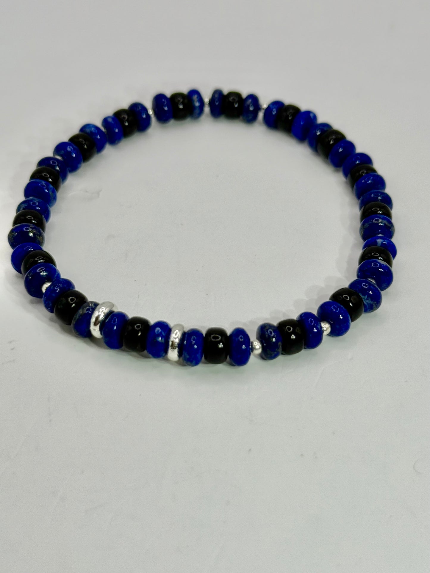 Lapis Lazuli and Onyx Stretch Bracelet – 7” Handmade Gemstone Jewelry – Healing Crystal Bracelet – Unisex Beaded Bracelet